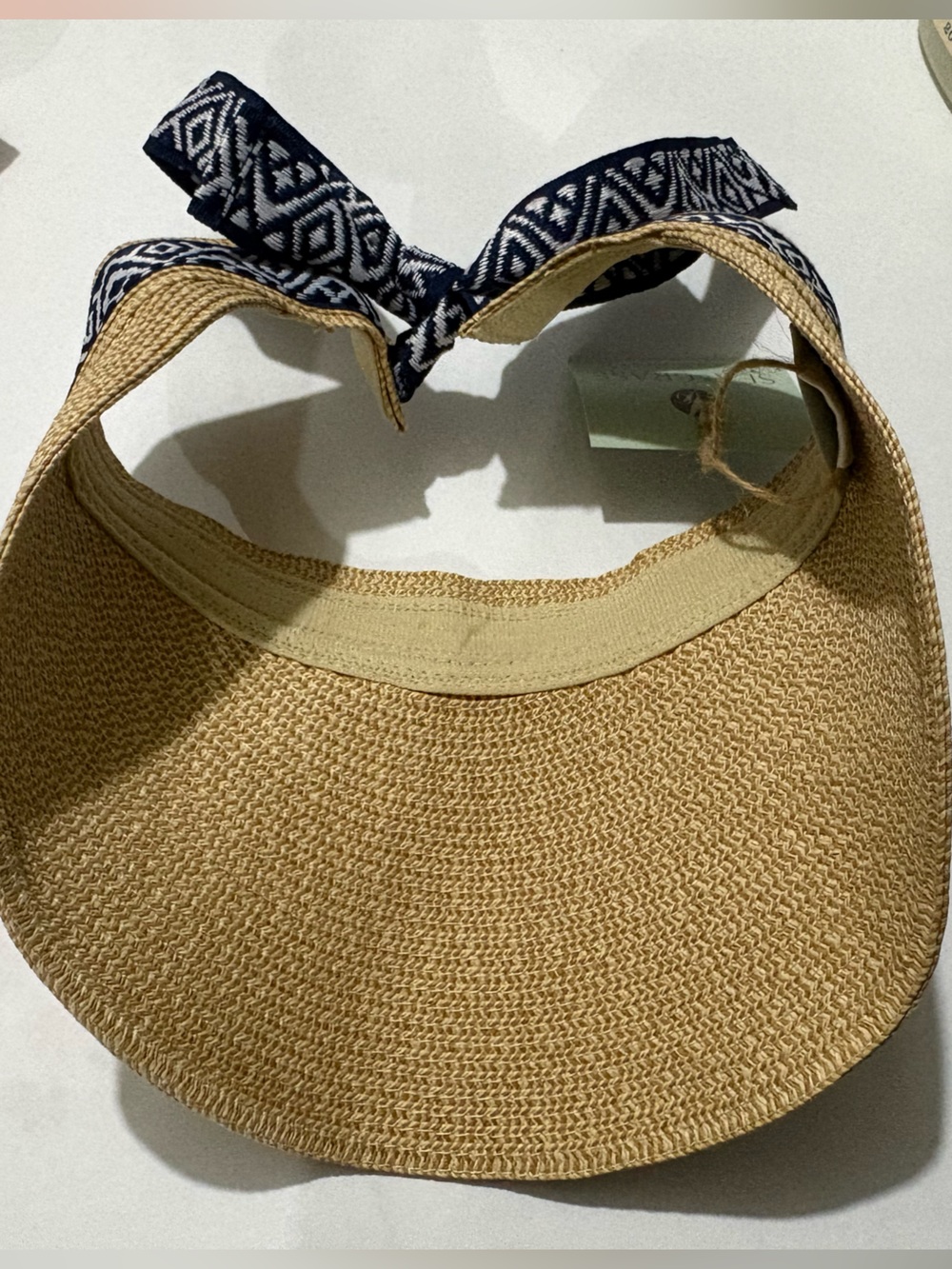 Sea & Grass Straw Sun Visor Navy Geometric Tie Back NWT